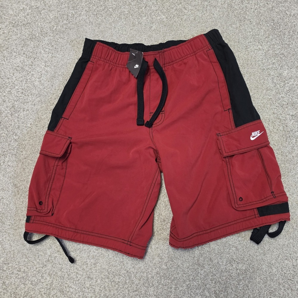 Y2K Nike Red Cargo Performance Shorts Sz M Loose 11" Drawstring VTG Deadstock